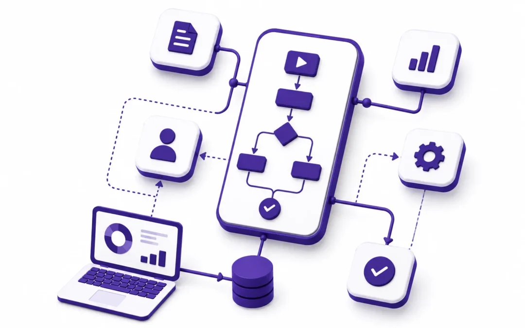 Diagrama de automatización de procesos empresariales con flujos conectados y sistemas integrados — Protos Technology Panamá