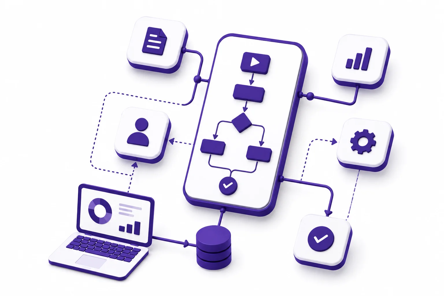 Diagrama de automatización de procesos empresariales con flujos conectados y sistemas integrados — Protos Technology Panamá